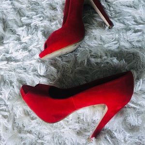 Red Suede Peeptoe Heels Sz 7